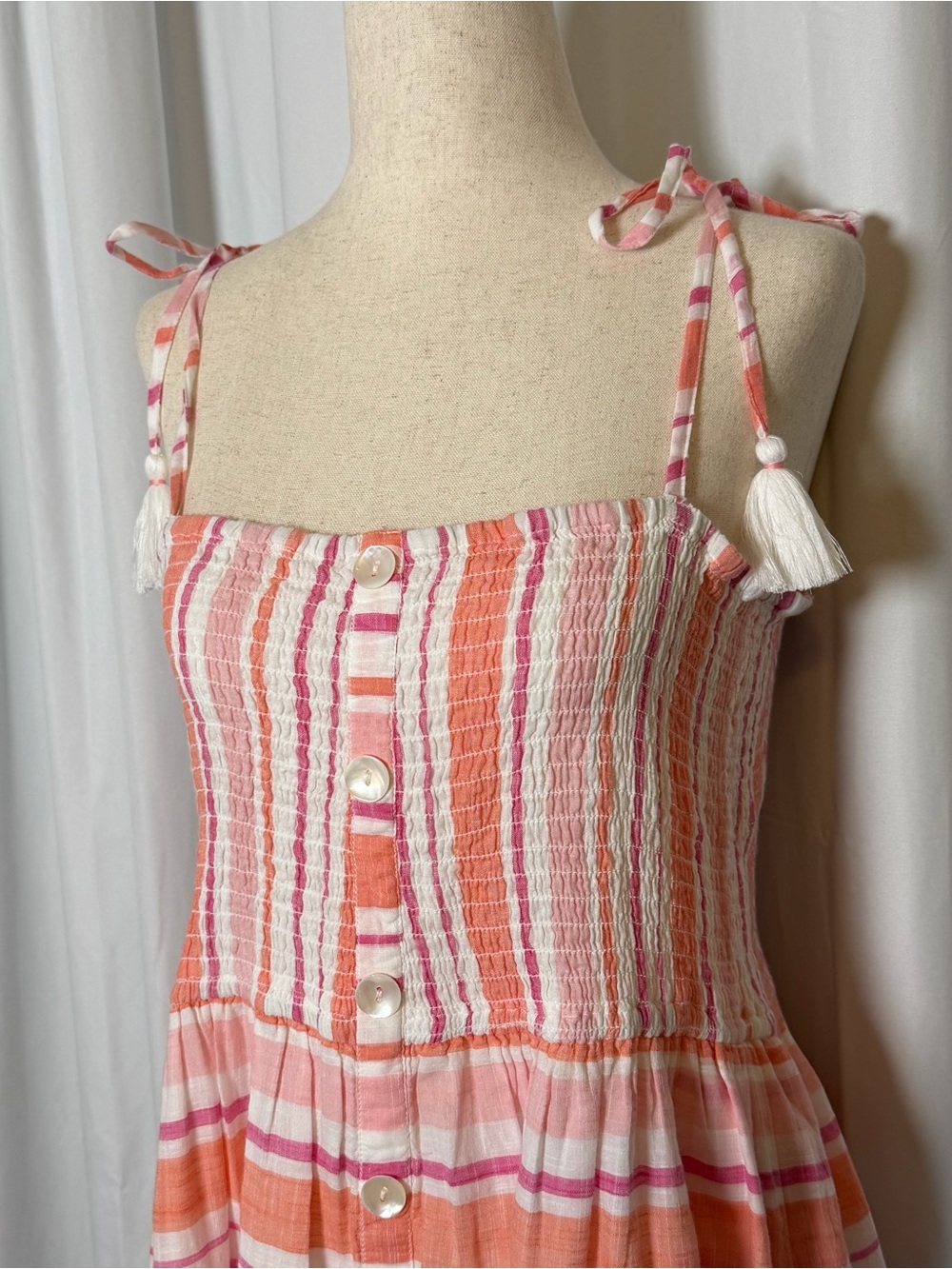 Roller Rabbit Kirsten Dress East Hampton Stripe Pink Cotton Smocked Midi Large - Picture 8 of 16